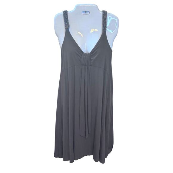 New VERTIGO PARIS Brown Sleeveless Dress Beaded Straps Knot Front Jersey Sz L - Picture 1 of 15